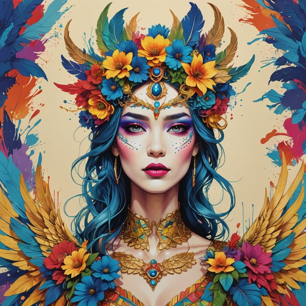 Rainbow Dragon Woman with Flower Crown, Pop Art