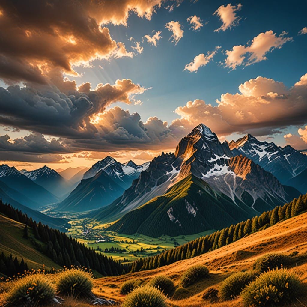 Golden Mountain Range at Sunset in National Geographic Style