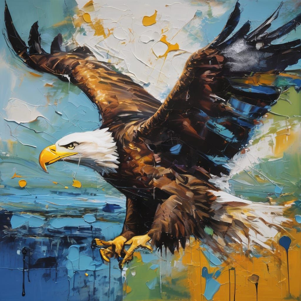 Expressive oil on canvas. Close-up medium shot. A bald eagle swoops down on a fish with its talons in mid-air above a se...