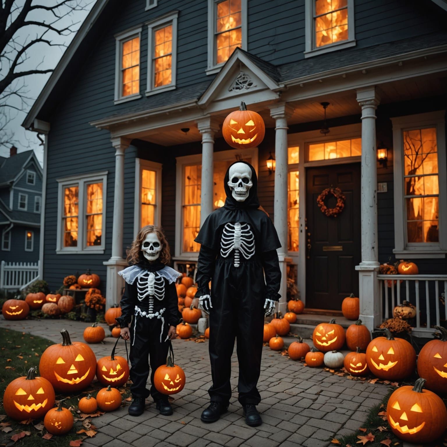 Hyperrealistic Spooky Halloween Night Trick-or-Treat Scene