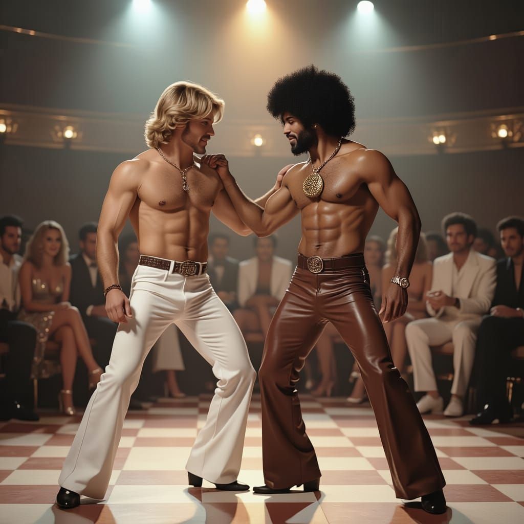 Two Men Disco Dancing on 1970s Dance Floor