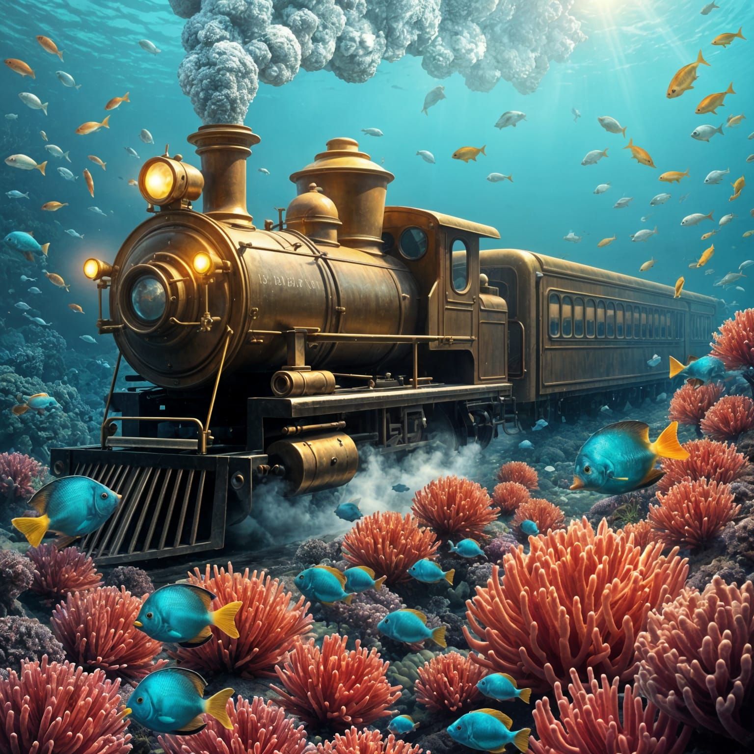 Underwater Steam Train in Vibrant Tropical Paradise