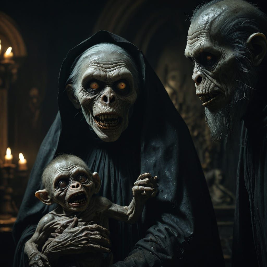 Gothic Horror Masterpiece with Zombie Monkey Monster Clown N...