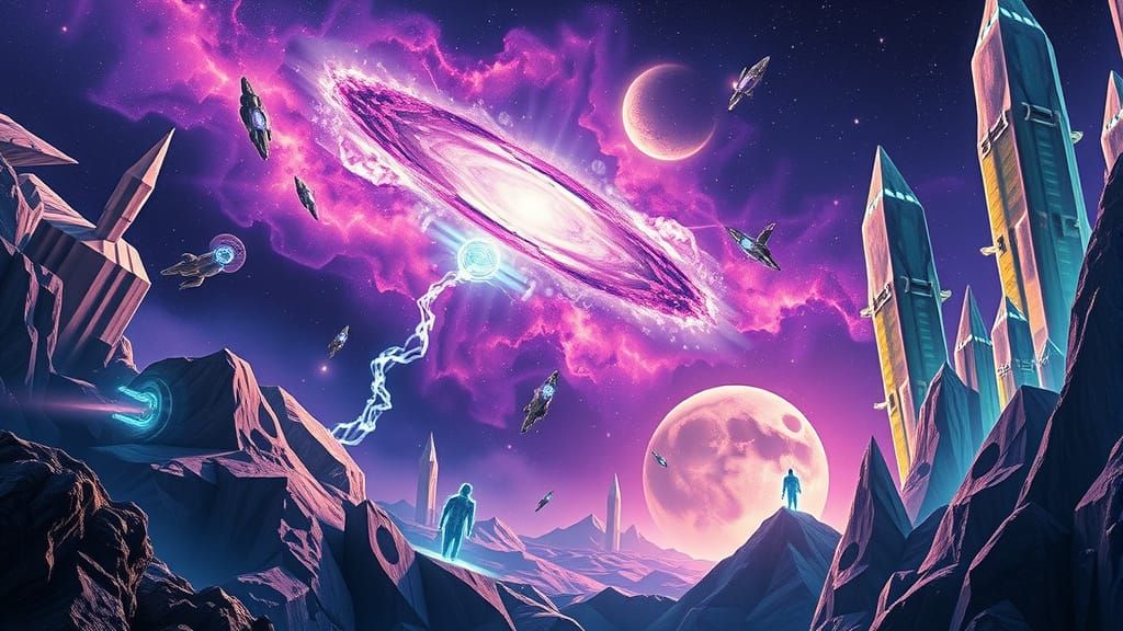 Cosmic Nebula With Geometric Shapes and Energy Beings