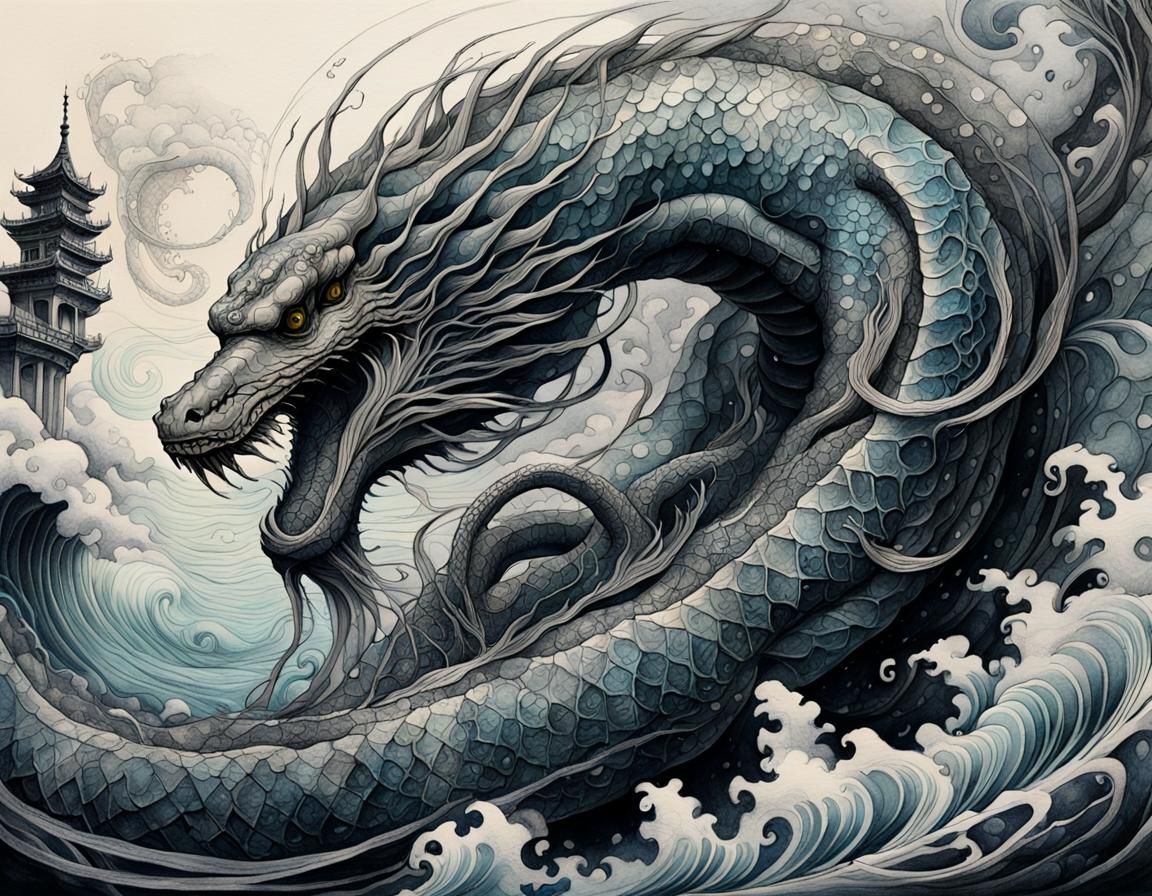 Sea Serpent Ink Sketch in Katsuya Terada Style