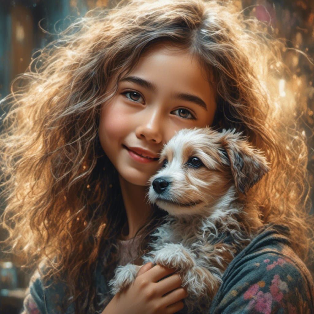 Watercolor Girl and Puppy in Chalk Art Style