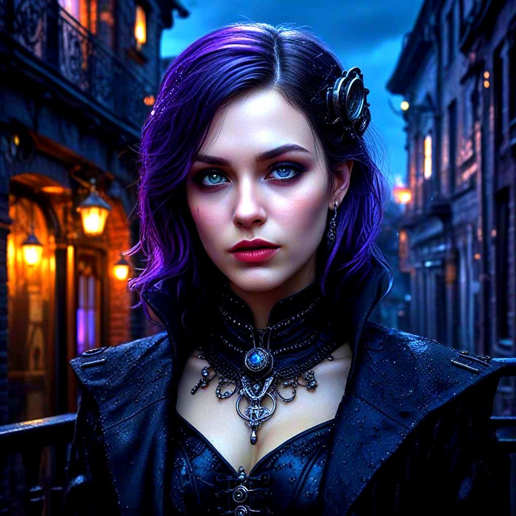 Gothic Woman Overlooking Steampunk City in Realism Style