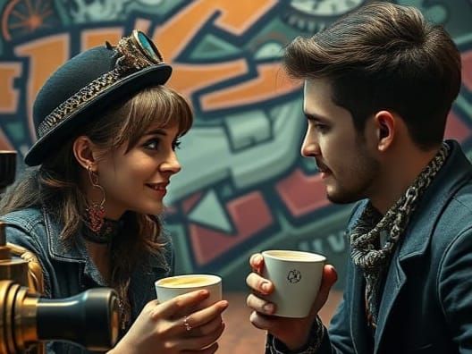 Steampunk Coffeehouse Romance in Vibrant Brushstrokes