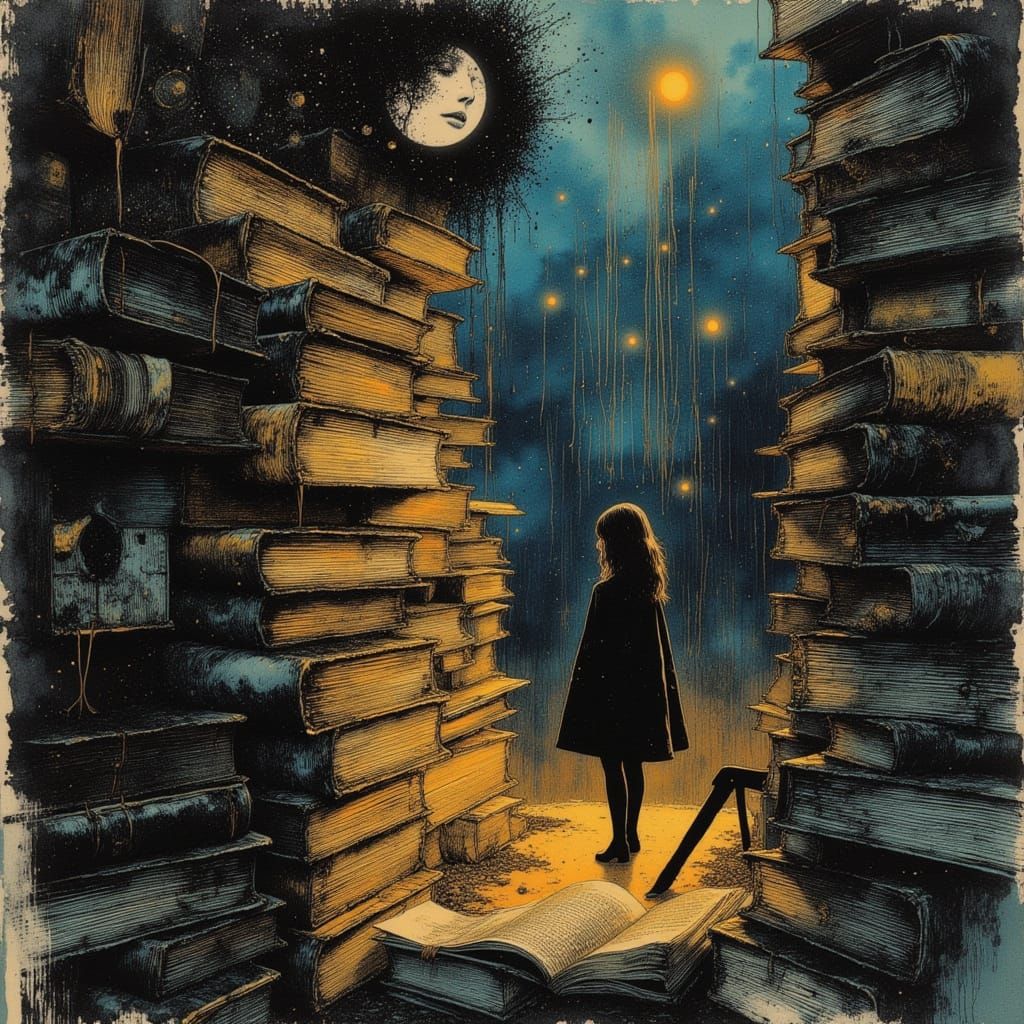 Introspective Scholar in Surreal Library with Ink Details