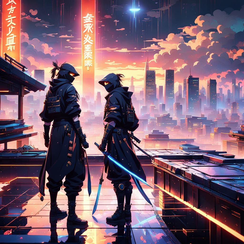 Ninjas on Futuristic Rooftop in Anime Style