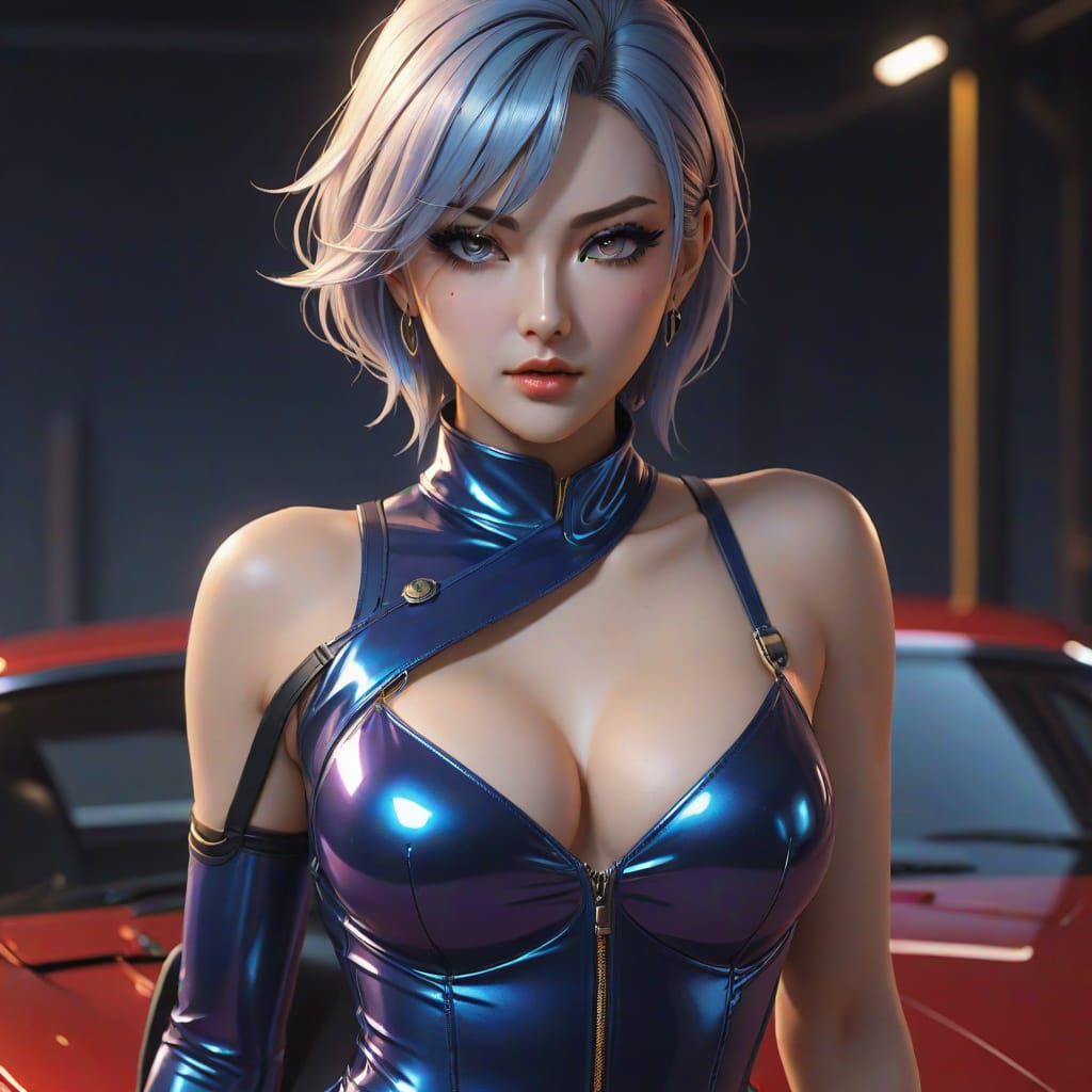 Glamorous Cyberpunk Woman in Anime Style with Porsche