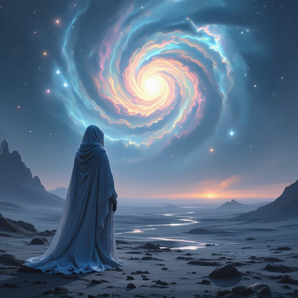 Alien Woman Gazing at Nebula in Hyperrealistic Style