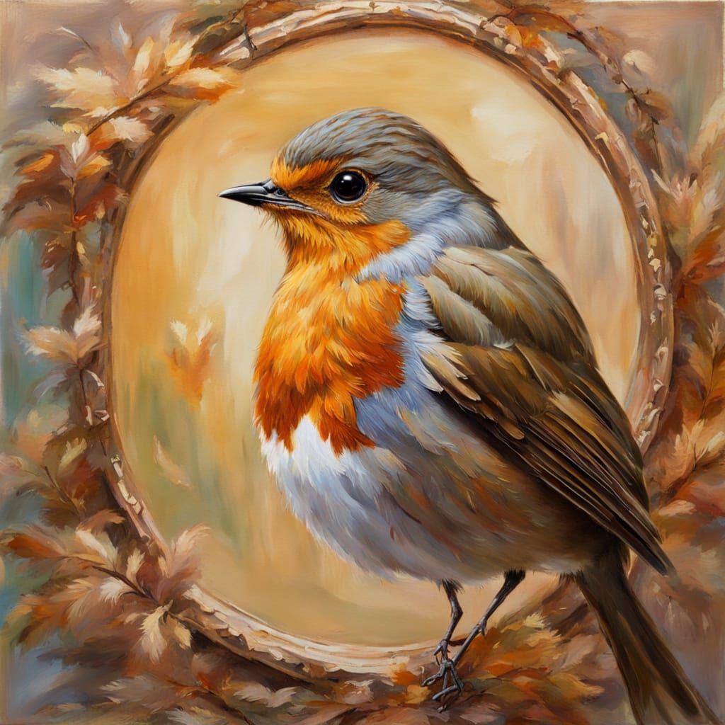 Robin Gazing in Mirror as Impressionist Oil Painting
