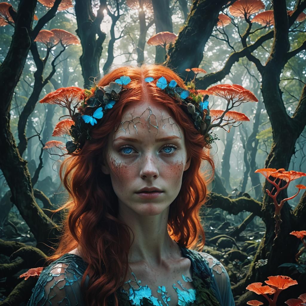 Mystical Woman Double Exposure in Fantasy Realism Style