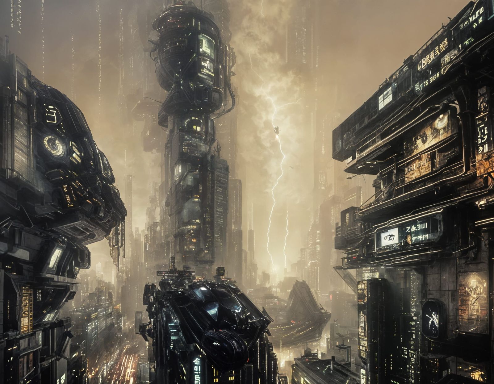 Cyberpunk Megapolis at Twilight with Flying Vehicles