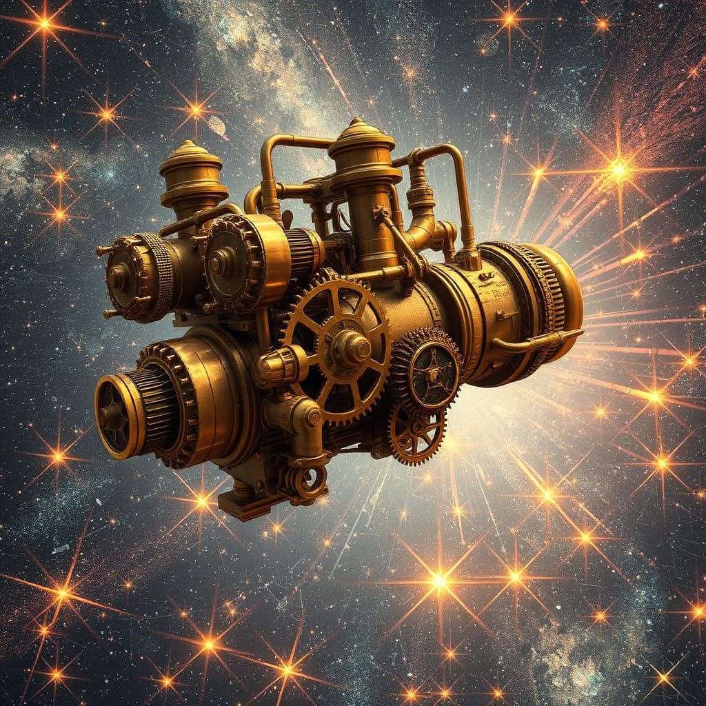 Steampunk Engine Amidst Fractured Starlight