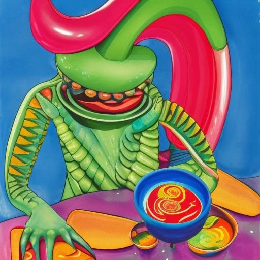 Alien Eating Soup in a Candyland Wonderland