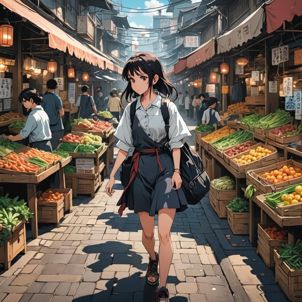 Anime Girl at Market in Cel-Shaded Style