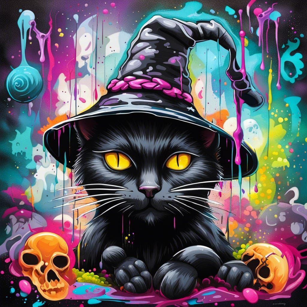 Black Cat in Witch Hat, Graffiti Art Style