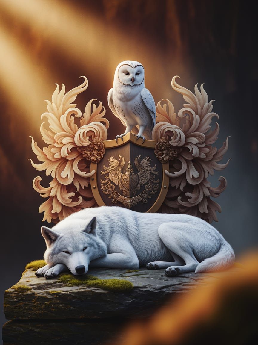 Watercolor Double Exposure: Owl and Wolf Heraldry