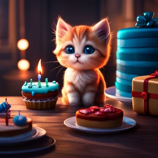 Fluffy Kitten Celebrates Birthday with Cake
