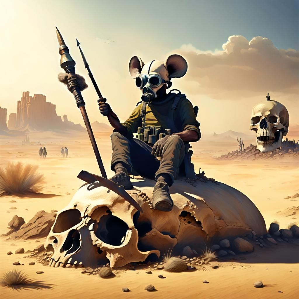 Anthropomorphic Rat on Skull in Post-Apocalyptic Desert