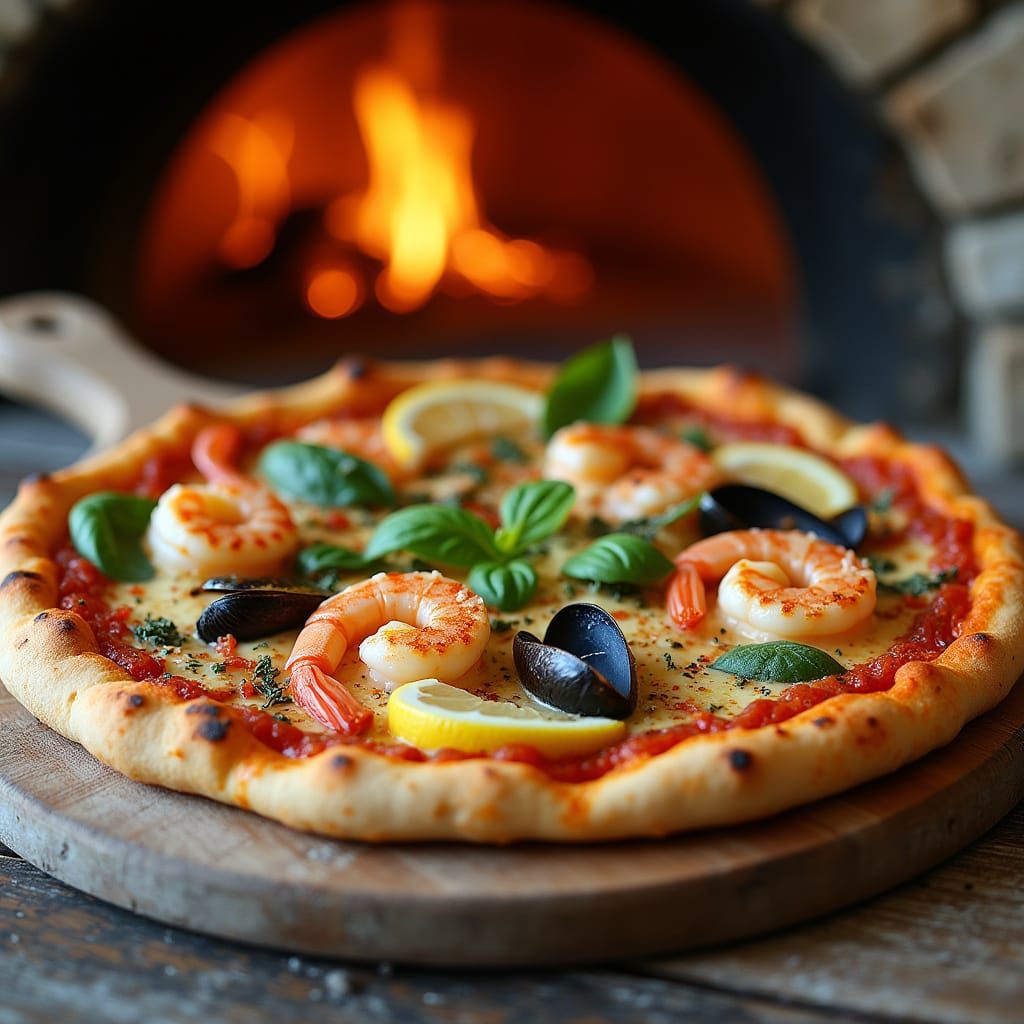 Savory Seafood Pizza in Warm, Coastal Setting