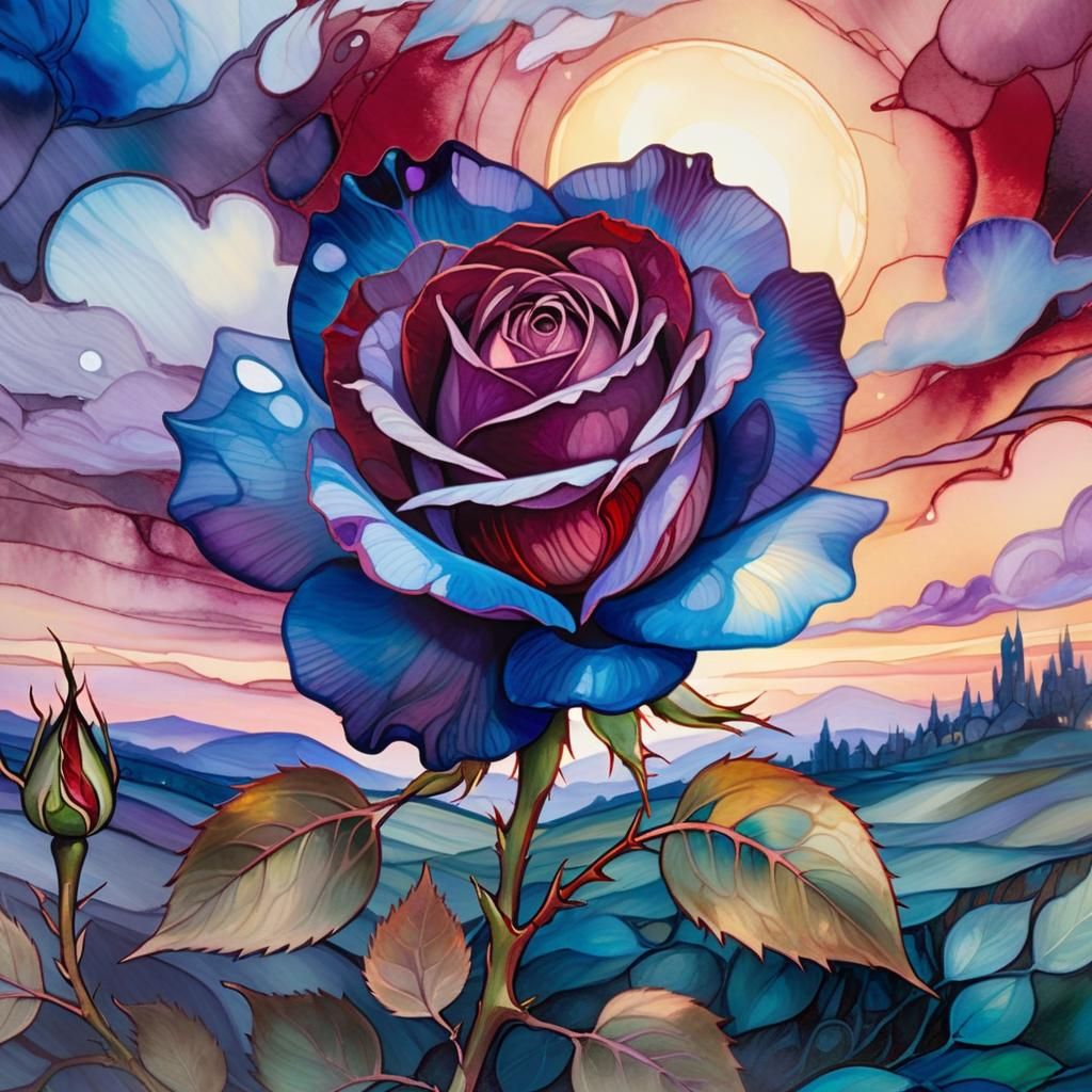 Cel-Shaded Blue Rose in Twilight Fantasy Landscape