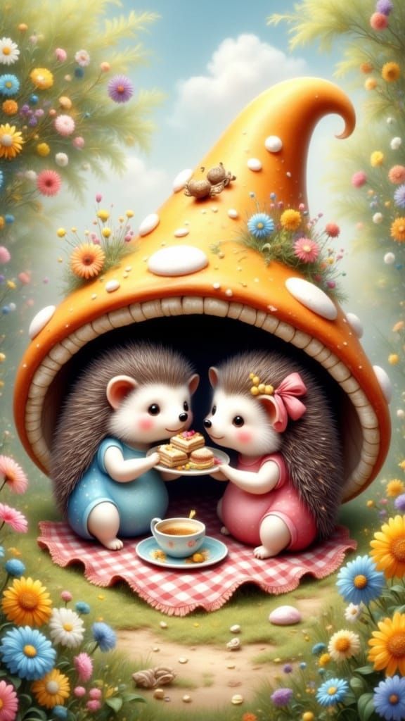 Enchanting Hedgehog Picnic in Whimsical Watercolor Style