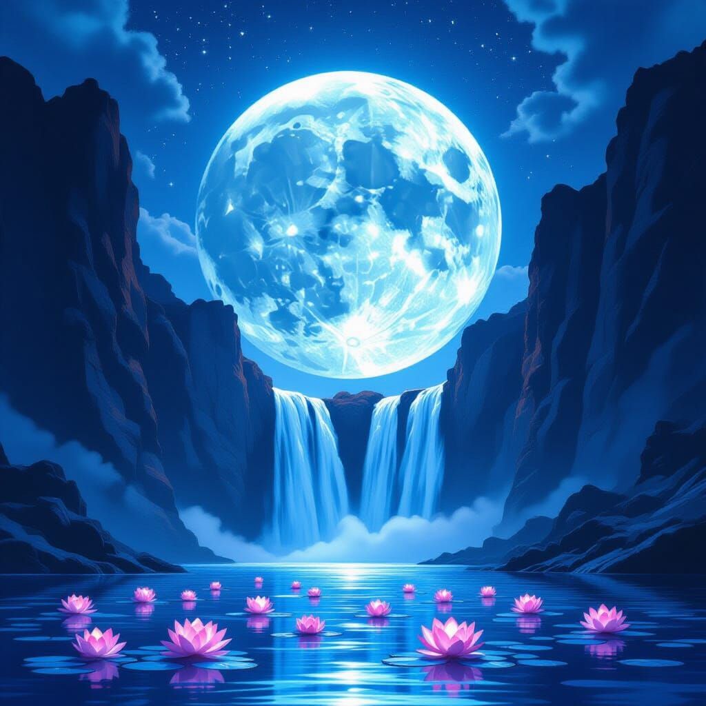 Luminous Moonlit Waterfall in Fantasy Landscape