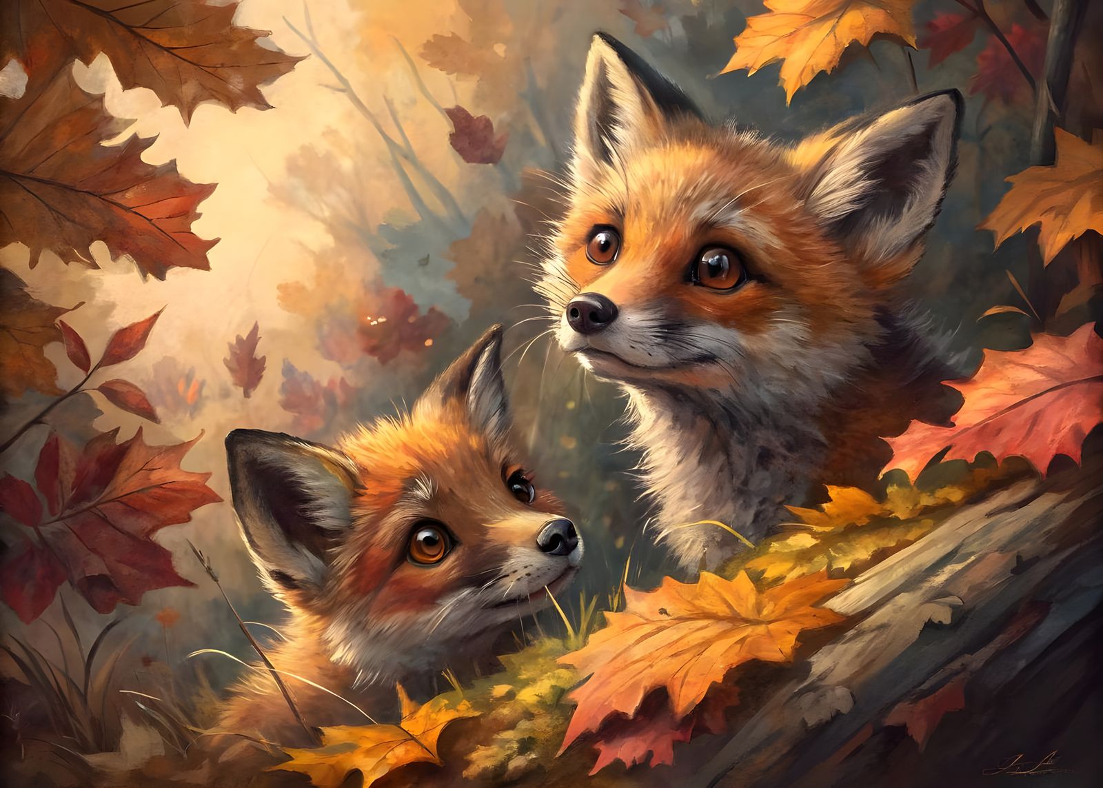 Foxes Play in Autumn Leaves Neo-Impressionist Oil Painting