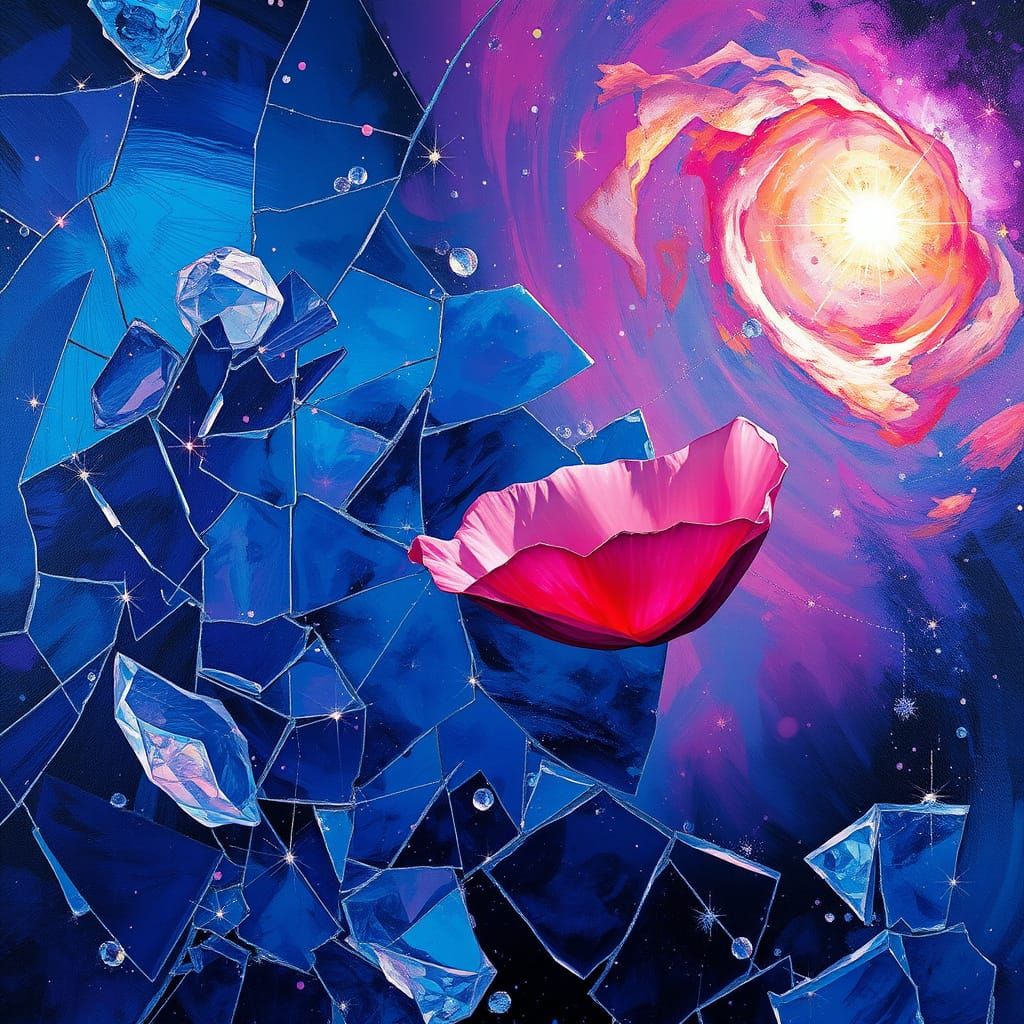 Ethereal Shards of Broken Rose Petal in Cosmic Glass