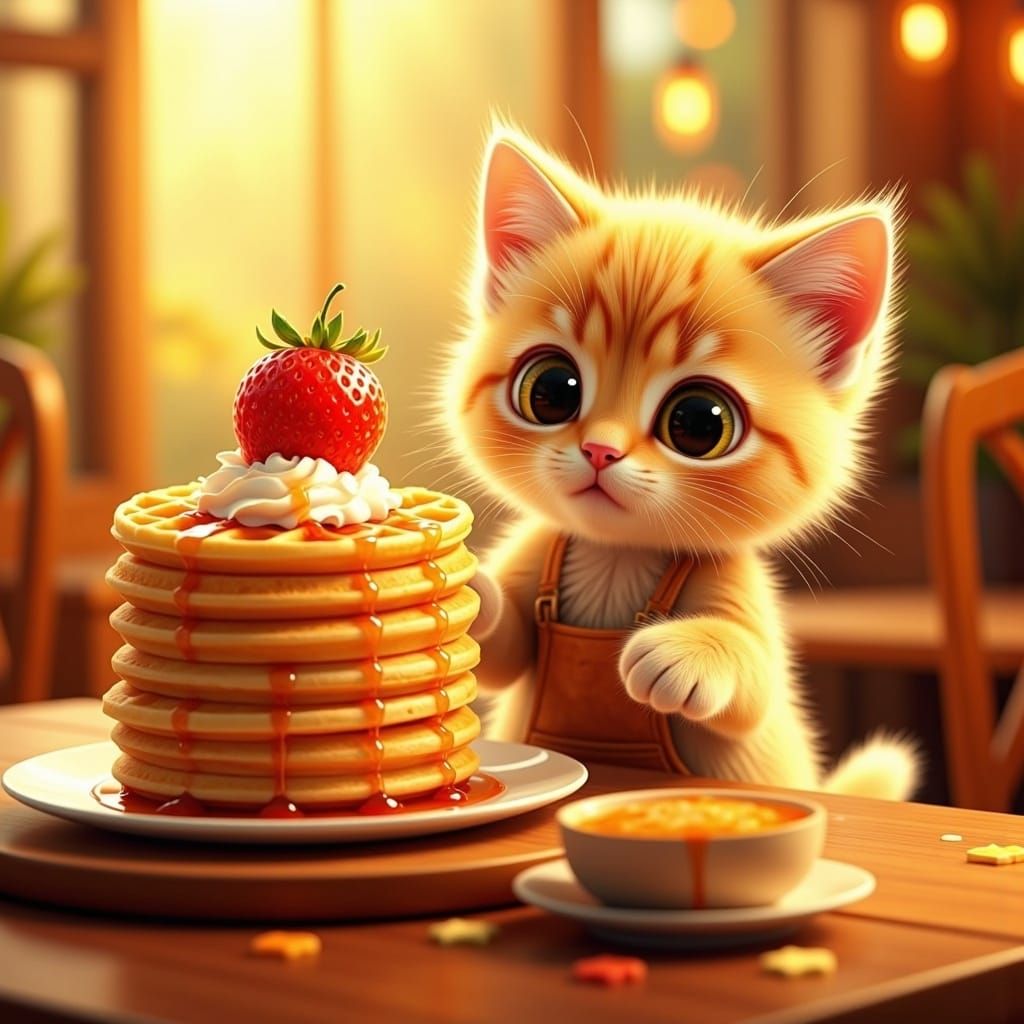 Kitten Mesmerized by Waffles: Pixar-Inspired 3D Art