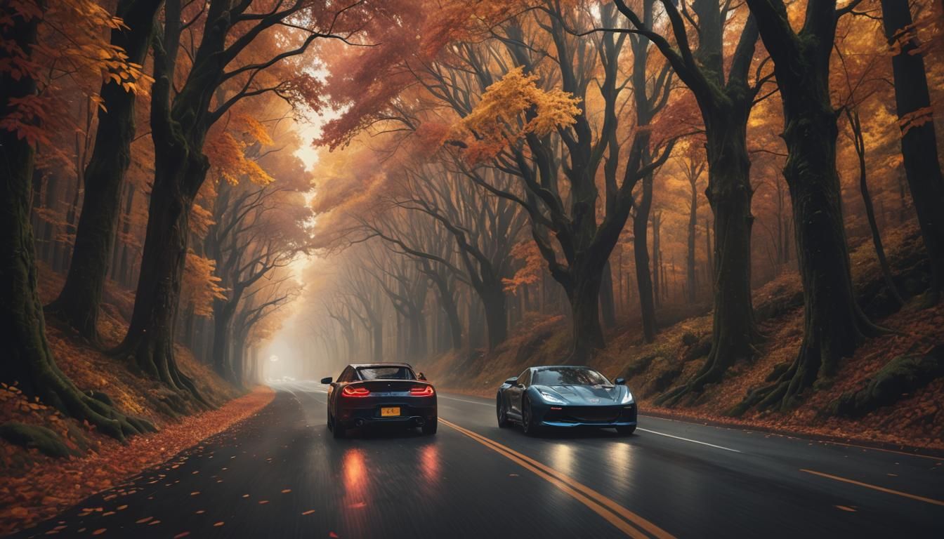 Dreamy night drive with a sleek car racing through a forest ...