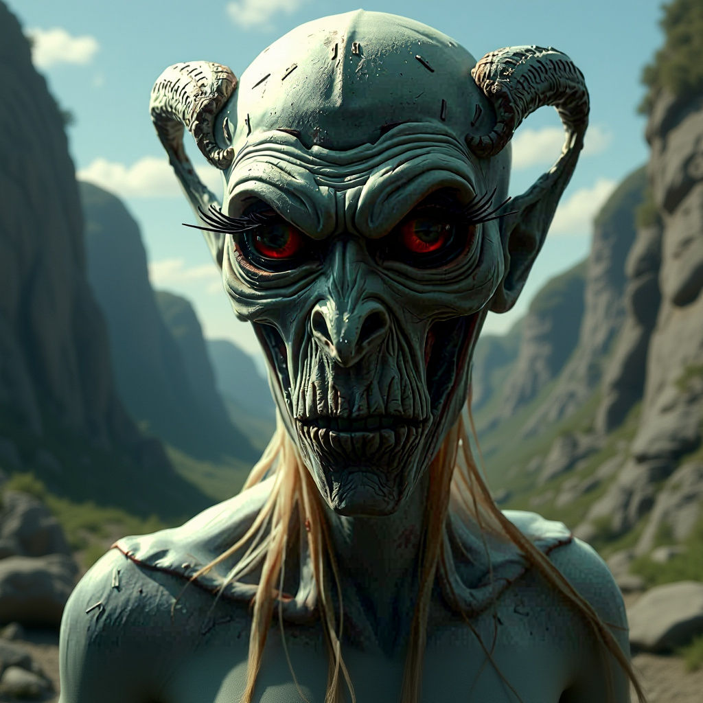 Ghostly Demon Figure in Car Wreck Landscape