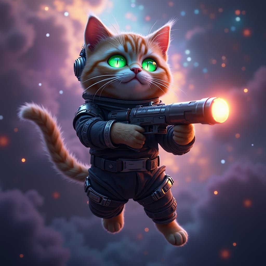 Cat in Spacesuit with Laser Gun in Space