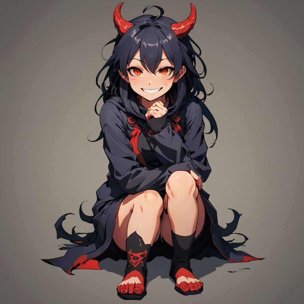 Smiling Demon Girl in Anime Cel-Shaded Style