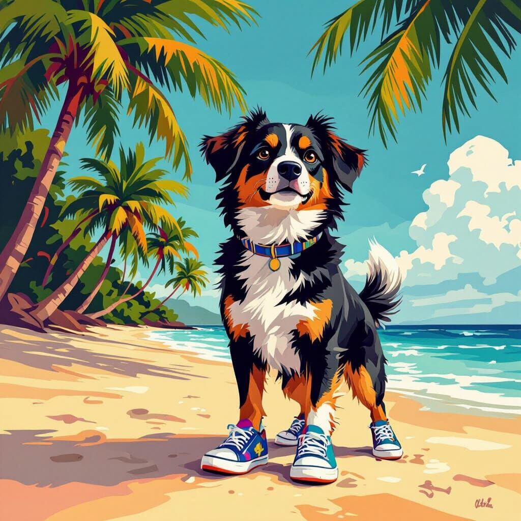Dog in Shoes on Beach, Cartoon Art Style