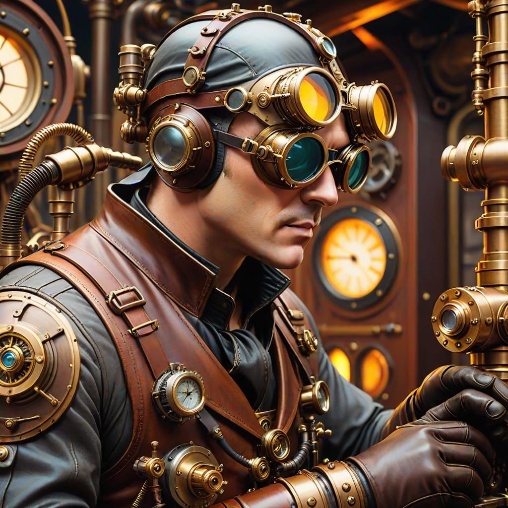 Steampunk Engineer Concept Art With Goggles and Machinery