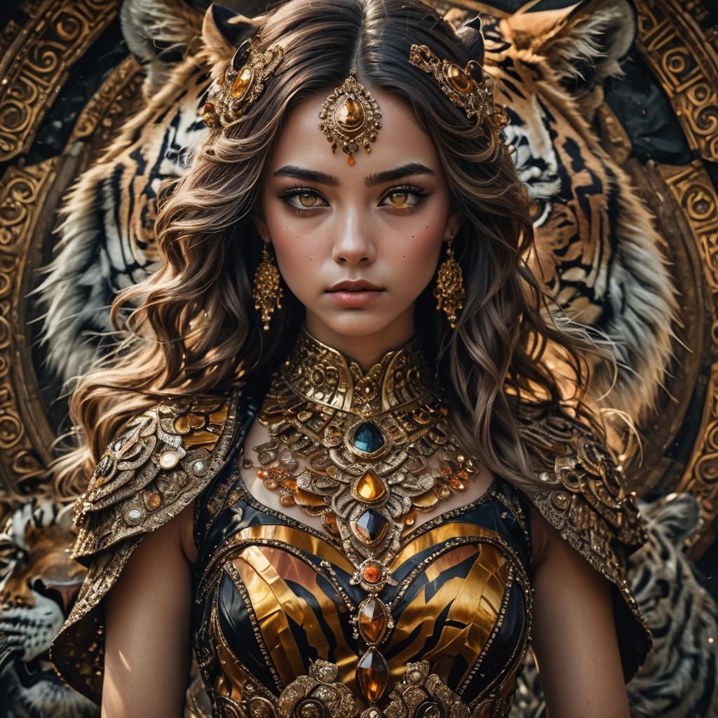 Empress in Tiger Eye Gown: Hyperrealistic Portrait