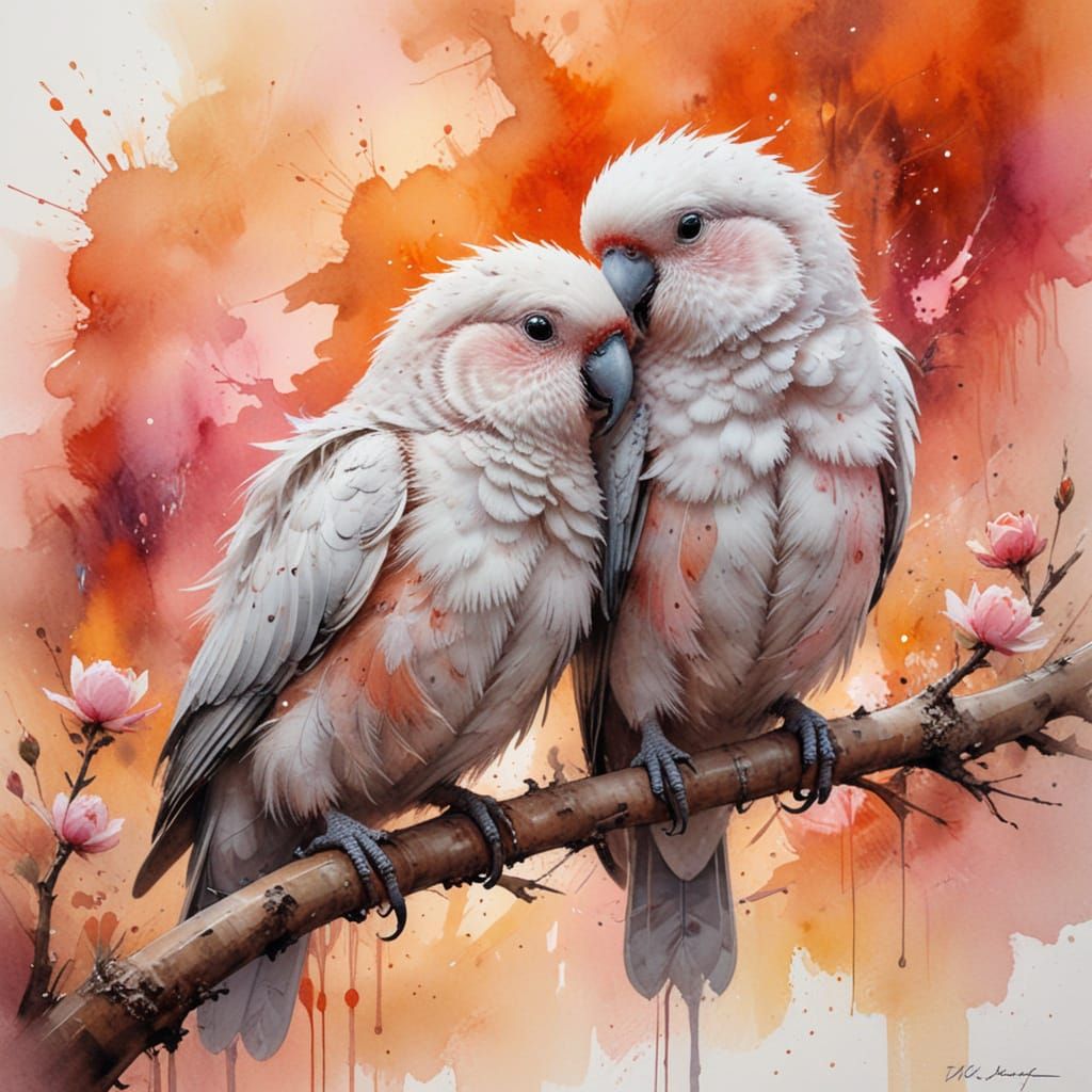 Fluffy Lovebirds on Branch at Sunset, Watercolor Art