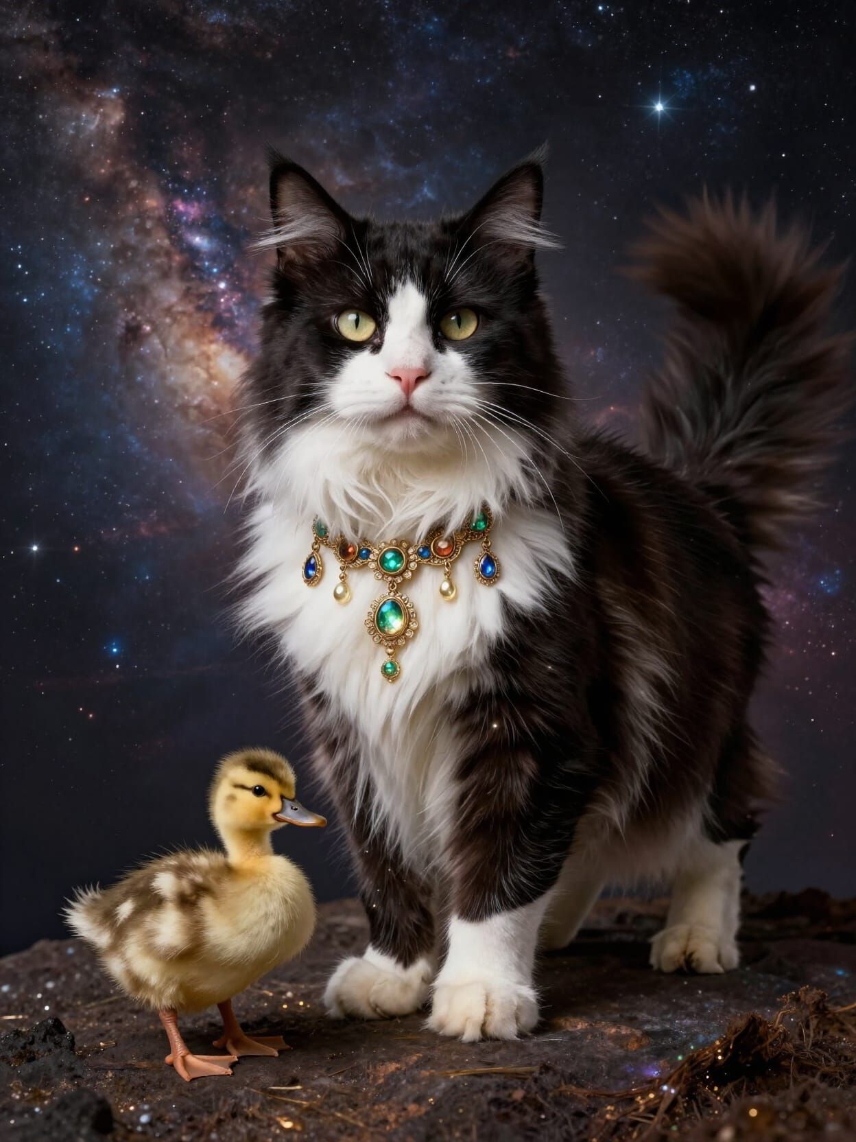 Norwegian Cat with Baroque Jewelry in Cosmic Landscape
