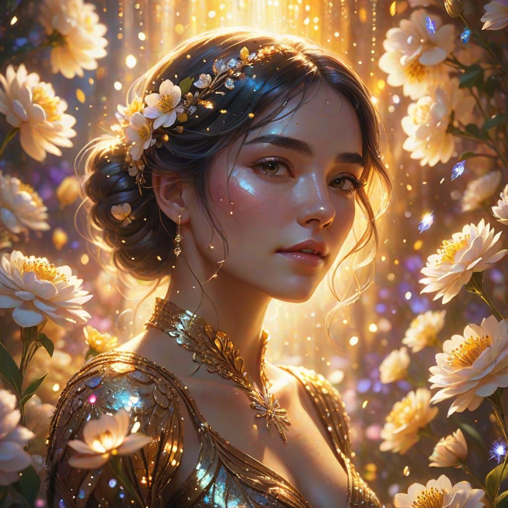 Woman Surrounded by Flowers in Oil Painting Style