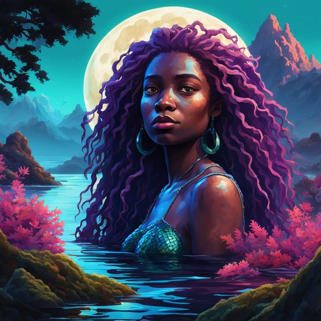 Hyperrealistic Black Mermaid Under Full Moon