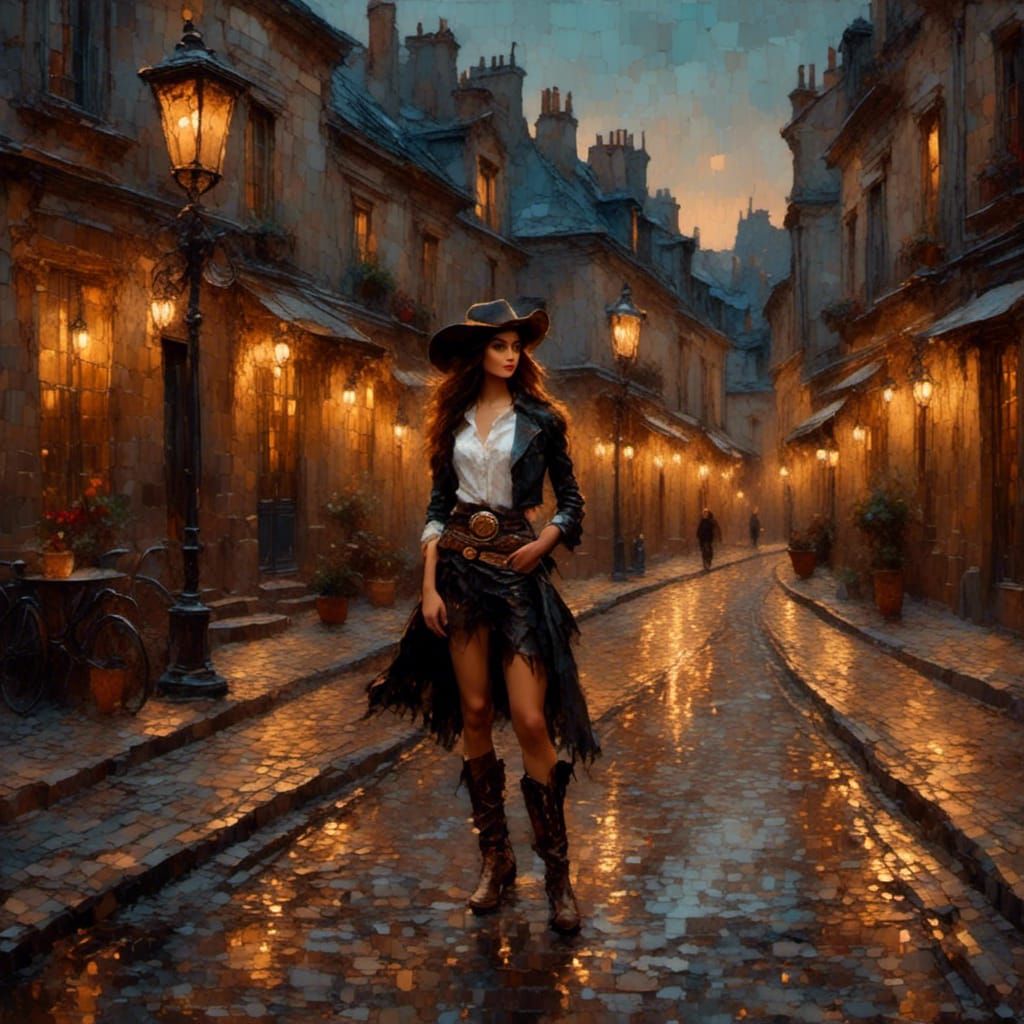 Cowgirl in French Street: Western Noir Oil Painting
