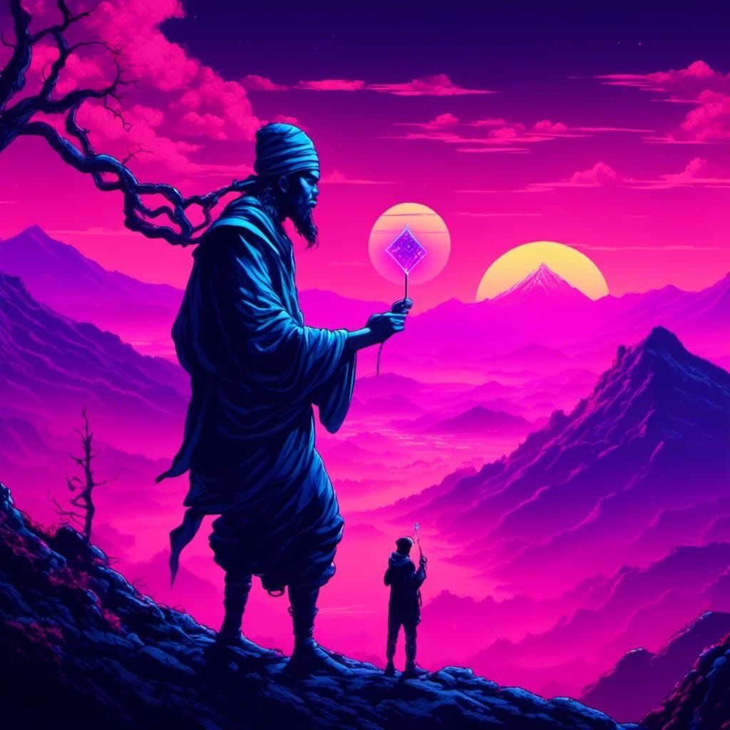 a djinn granting a wish to an individual on a mountain at sunset