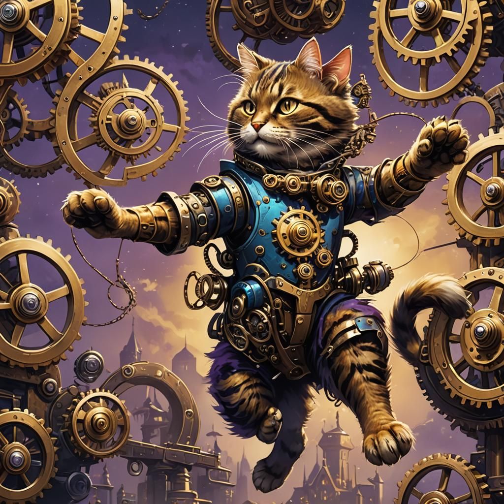 Steampunk Cat Soars with Mechanical Springs