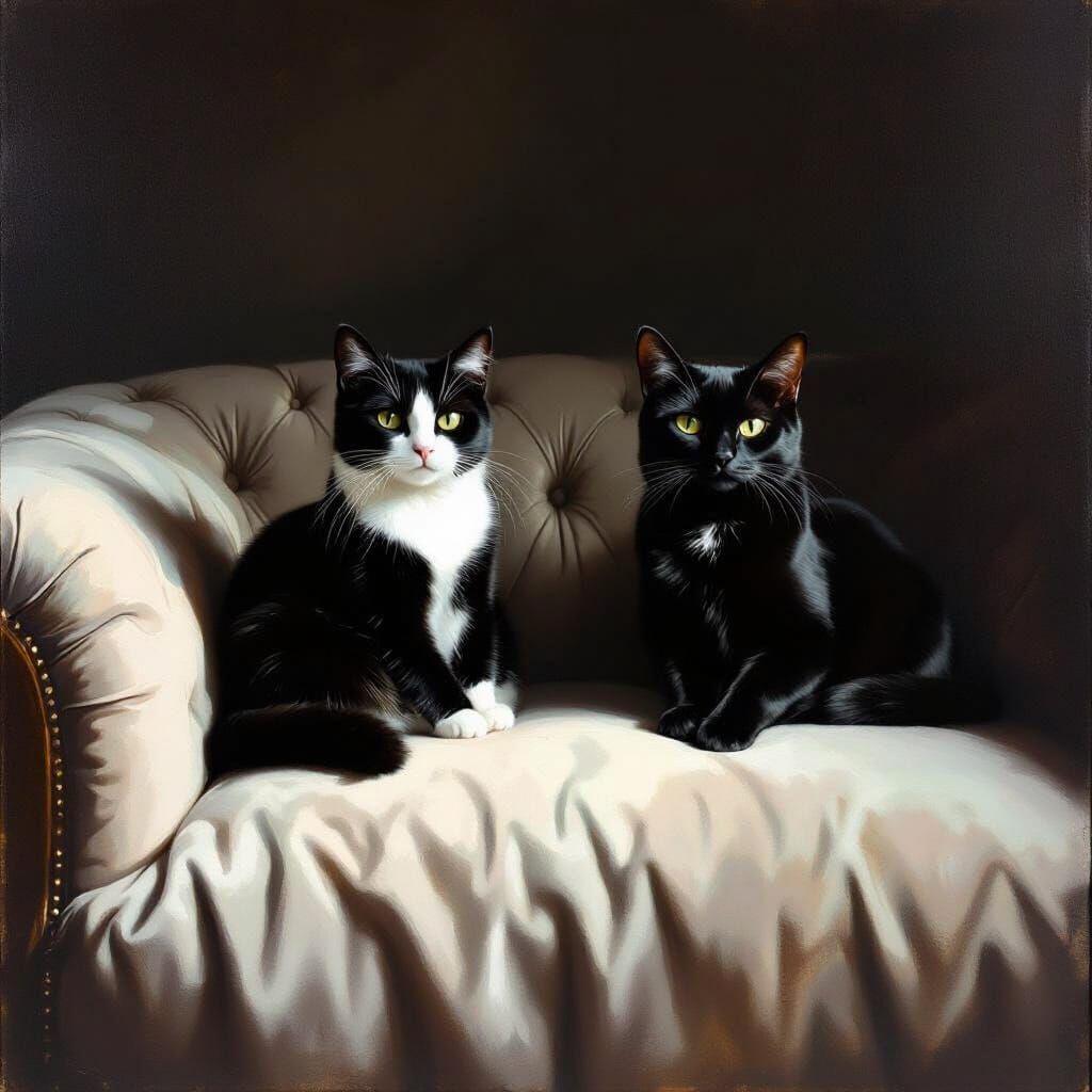 Tuxedo and Black Cats on Velvet Sofa