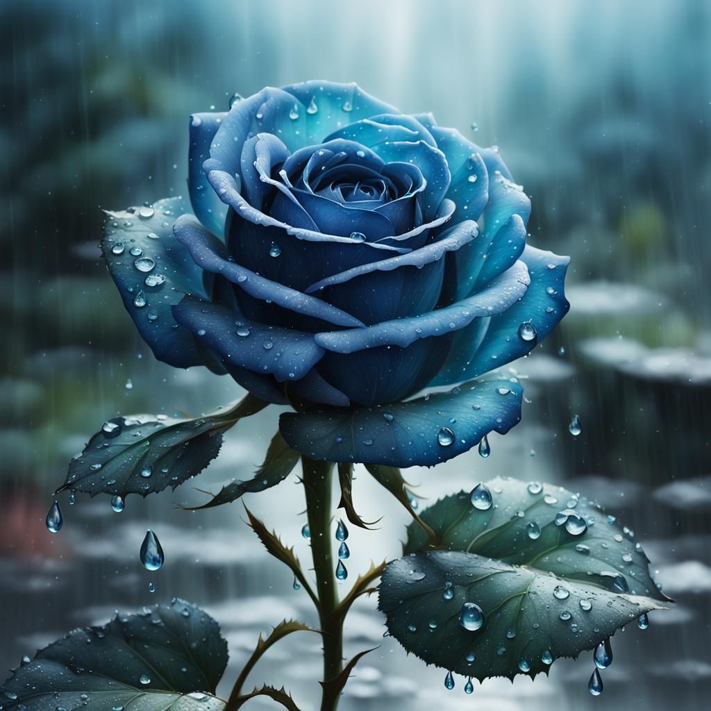 Majestic Blue Rose with Water Droplets