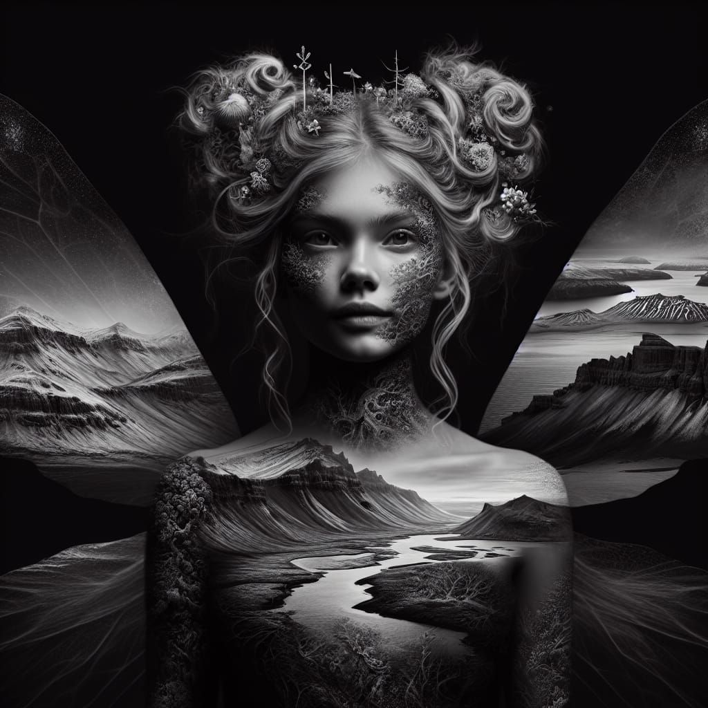 Iceland as a Hyperrealistic Fairy Portrait in Black and Whit...